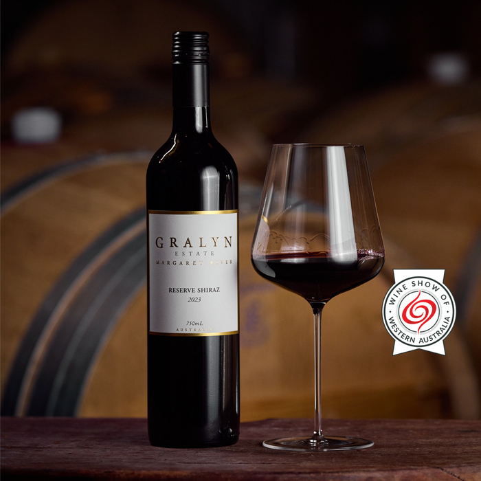 Gralyn Estate 2023 Reserve Shiraz — award-winning Margaret River Shiraz from the historic Wilyabrup vineyard, winner of Best Shiraz and Best Red Wine of Show at the 2025 Wine Show of Western Australia.