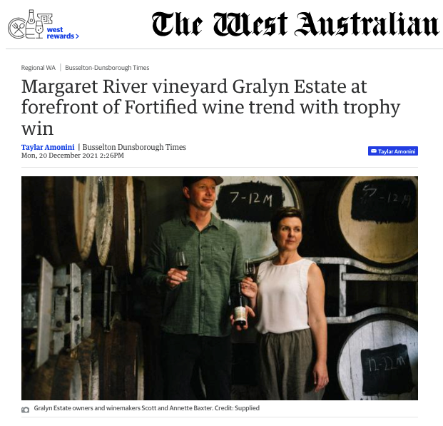 Gralyn Estate Margaret River awarded best fortified wine trophy and two gold medals, newspaper article The West Australian