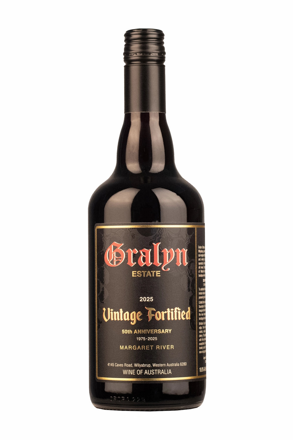Gralyn Estate 2025 Vintage Fortified — a limited 50th Anniversary release crafted from old Wilyabrup vines in Margaret River, blending Cabernet Sauvignon, Shiraz and Malbec.