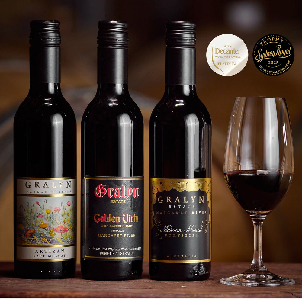 Gralyn Estate 50th Anniversary Fortified Icons Collection — Artizan Rare Muscat, Museum Rare Muscat, and Golden Virtu three-pack.