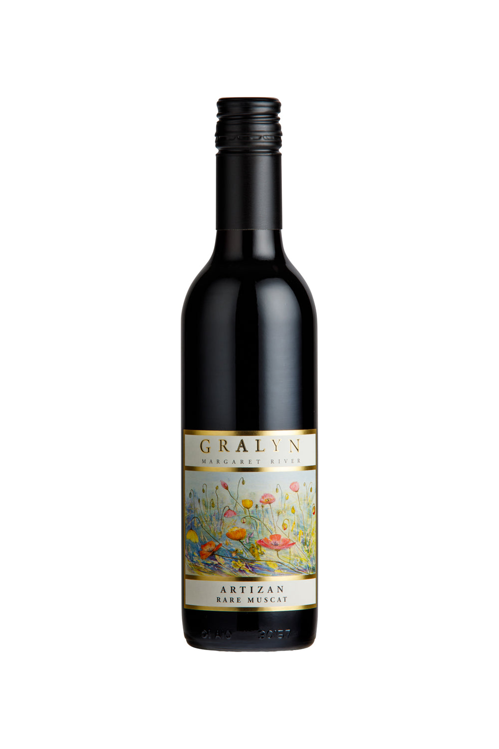 Bottle of Gralyn Estate Artizan Rare Muscat – award-winning fortified dessert wine with rich amber hue and premium label artwork by Merilyn Hutton.