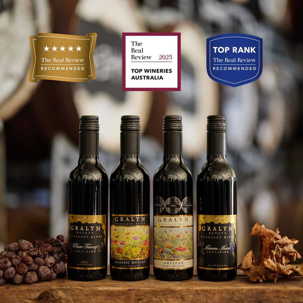 Gralyn Estate Barrel-Aged Fortified Collection six-bottle set featuring Museum Rare Muscat, Artizan Rare Muscat, Classic Muscat and Rare Tawny